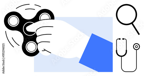 Hand holding and spinning a fidget spinner, magnifying glass, stethoscope. Ideal for focus, stress relief, health, therapy, research mindfulness attention management. Simple flat metaphor
