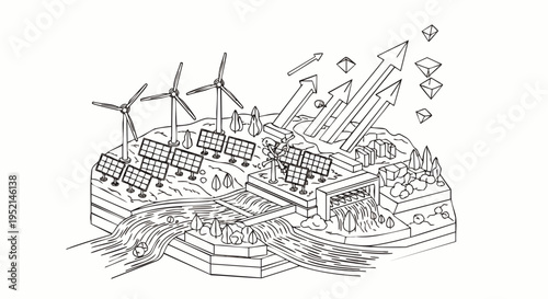 Renewable Energy Sources: Wind Turbines, Solar Panels, and Hydroelectric Dam Powering a Sustainable Future with Upward Growth