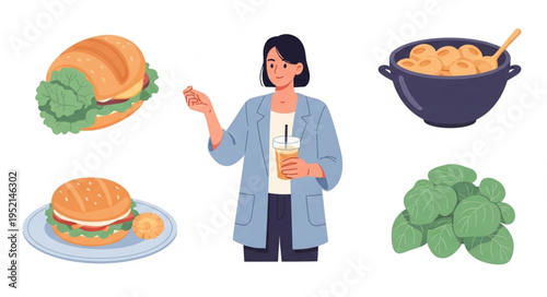 Woman holding a drink surrounded by food items illustration.