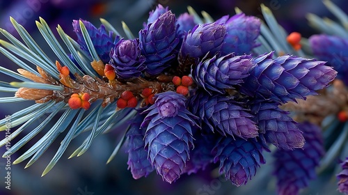Stunning close up macro photograph captures the vibrant purple female cones and tiny orange pollen cones emerging from the new growth of a blue spruce tree branch
