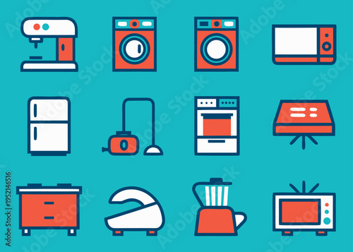 Twelve vector icons of common household appliances such as a sewing machine and a blender are shown on a turquoise background.