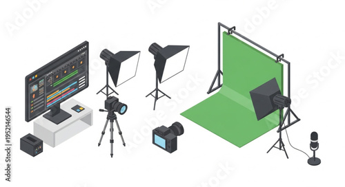 Video production equipment setup for filming and editing.