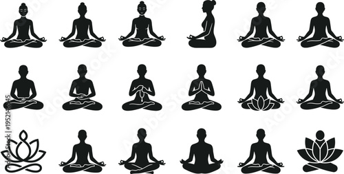 Professional Yoga and Meditation Silhouette Set Featuring Female Figures in Lotus Pose Cobra Pose and Spiritual Balance Positions for Wellness Design