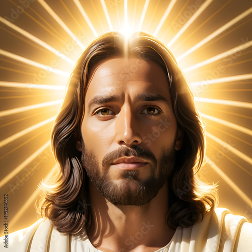 AI illustration of an artistic rendering of Jesus surrounded by golden rays of sunlight