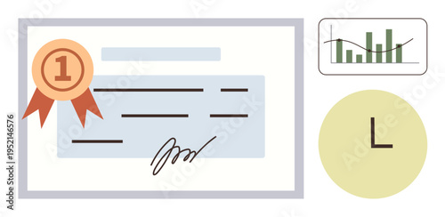 Educational success, certificate authenticity, data analytics, professional development, skills assessment, career growth. Certificate with ribbon, bar graph letter L. Educational success