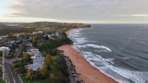 Aerial View of Warriewood Beach and Coastal Cliffs, Northern Beaches Sydney NSW Australia at Golden Hour