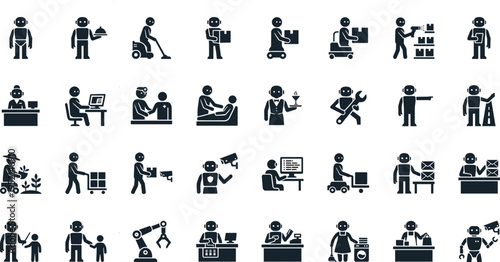 Comprehensive Service Robot and AI Worker Icon Set Featuring Robotic Waiters Doctors Teachers Delivery Bots and Automated Retail Assistants