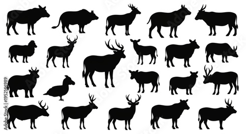 Collection of Diverse Animal Silhouettes on White Background.