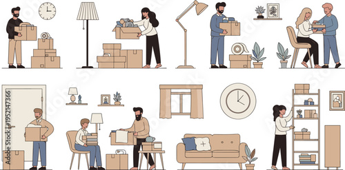 Moving and Relocation Activities Collection with Packing Boxes, New Home Setup, Unpacking, and Family Moving Scenes Vector Illustration Set
