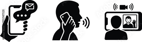 Professional Mobile Communication Icon Set Featuring Hand Holding Smartphone with Message Bubbles Person Talking on Phone and Video Calling Silhouettes