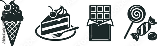 Professional Desserts and Sweets Icon Set Featuring Ice Cream Cone Cake Slice Chocolate Bar Lollipop and Candy Silhouettes