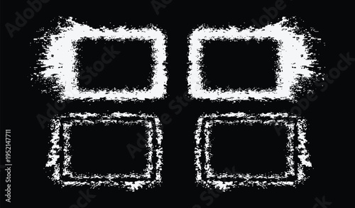 A distressed digital artwork featuring four white squares on a black background
