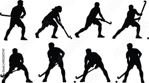 Field Hockey Player Silhouette Set with Men and Women Athletes Holding Sticks and Ball for Sports Competition Tournament and Training