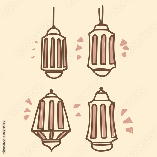 hand drawing doodle sketch islamic lantern collection fro islamic celebration event 