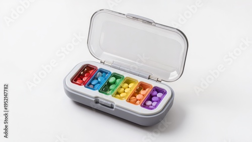 Weekly pill organizer with colorful medication isolated on white background. Plastic pill box with compartments for daily dosage, ideal for healthcare, elderly care and medication management.