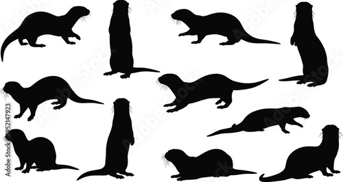Otter silhouette collection, aquatic animal vector set, wildlife illustration icons, black and white otter clipart, river mammal design art