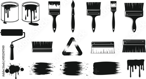 Painting Tools Vector Set with Paint Brushes Roller Cans and Ink Strokes for House Renovation Fine Art DIY and Construction
