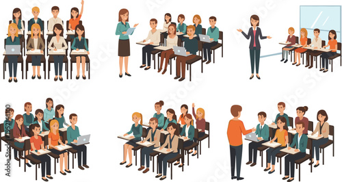 Classroom Students and Teacher Collection with Learning, Lecture, Group Study, and Education Activities in School Environment Vector Illustration Set
