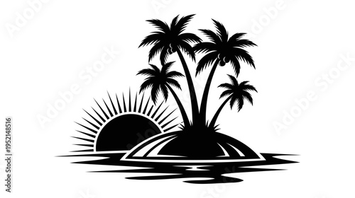 Illustration of Tropical island with palm trees and sunset