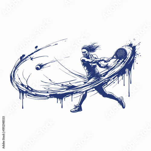 Dynamic Female Pickleball Player in Ink Splash Sketch Style – Action Sports Illustration