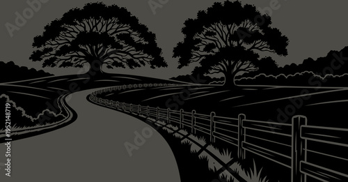 Illustration of Road with fence and trees landscape