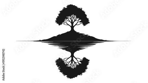 Illustration of Tree silhouette reflected in water