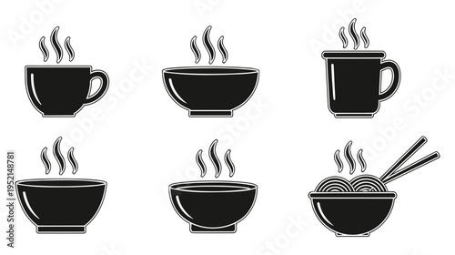 Illustration of Steaming hot coffee cups and bowls