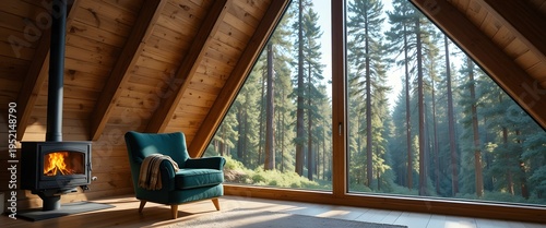 Cozy A-frame cabin interior with fireplace and large window overlooking a lush forest.