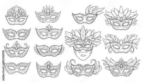Decorative masquerade mask collection Venetian party masks line art vector illustration