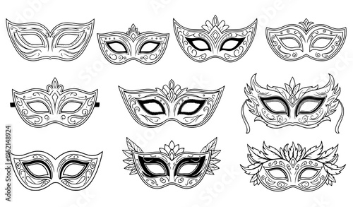 Masquerade mask set decorative party and carnival masks vector line illustration
