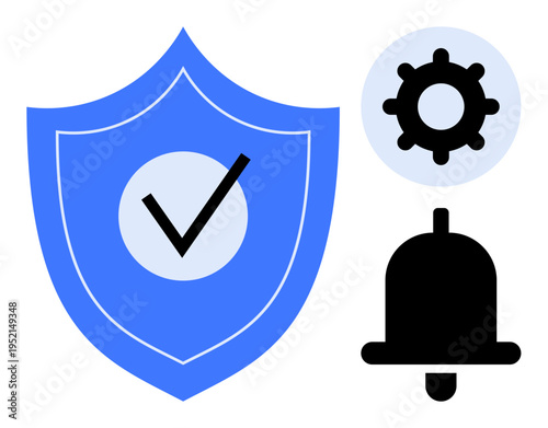 Security concept. Security by shield with checkmark, gear, and bell icons. Security for data protection, system alerts, and application settings. Ideal for technology, apps notifications software