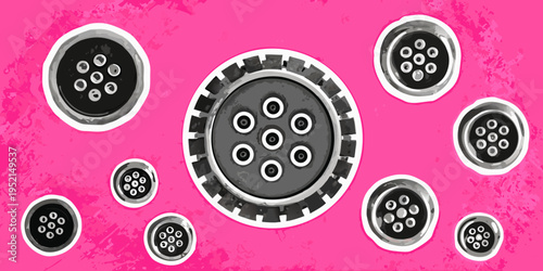 An arrangement of circular connectors on a vibrant pink textured background
