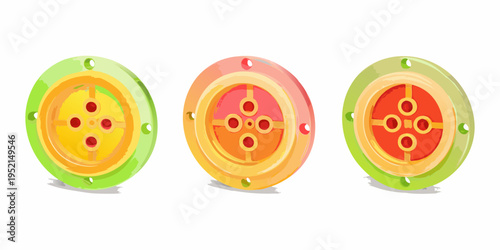 Three colorful round objects with circular patterns and metallic fastenings