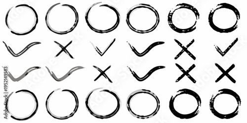 Collection of hand drawn checkmarks circles and x marks in black and gray