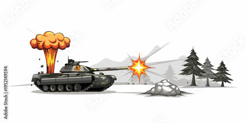 Cartoon tank fires its cannon creating an explosion near rocks