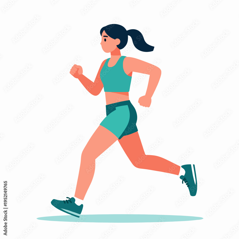Fototapeta premium Determined East Asian young adult woman marathon runner sprinting outdoors in professional athletic wear, healthy lifestyle and fitness concept, flat vector illustration style