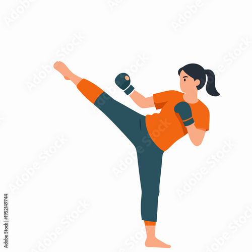 Flat vector illustration of a single young Southeast Asian female Muay Thai fighter performing a powerful high roundhouse kick, minimalist athlete in sports gear, fitness and martial arts concept