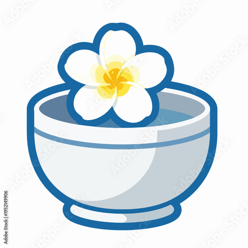 Traditional Thai silver water bowl with a white frangipani flower for Songkran Festival celebration, flat vector illustration icon isolated on white background, refreshing Thai New Year concept