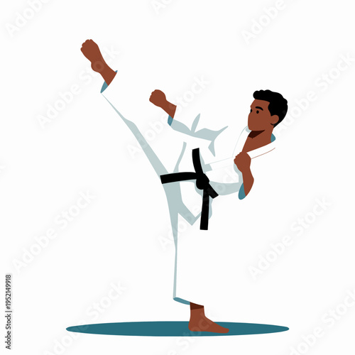 Athletic Black man practicing karate martial arts in a white gi and black belt, single male athlete performing a high kick for fitness and discipline