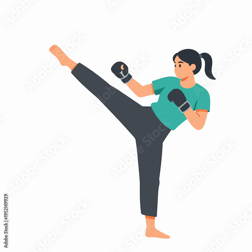 Flat vector illustration of a young Southeast Asian woman Muay Thai fighter in a high kick pose, athletic female martial artist training in a gym, minimalist fitness concept, isolated on white.