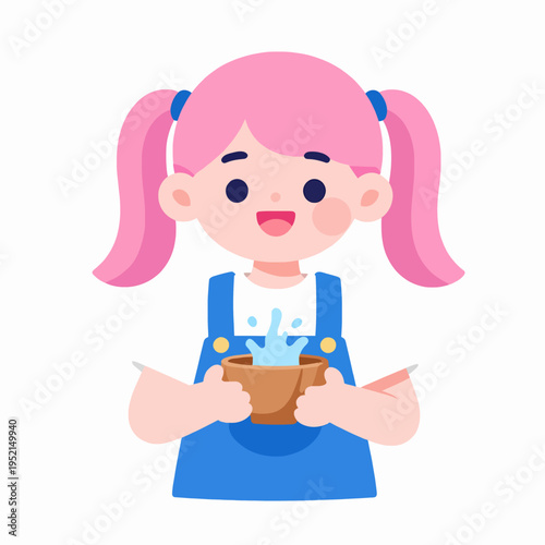 Konstfotografi Happy young East Asian girl child with pink pigtails wearing a blue dress carrying a bowl of splashing water, cheerful flat vector illustration of a kid playing indoors, minimalist character concept