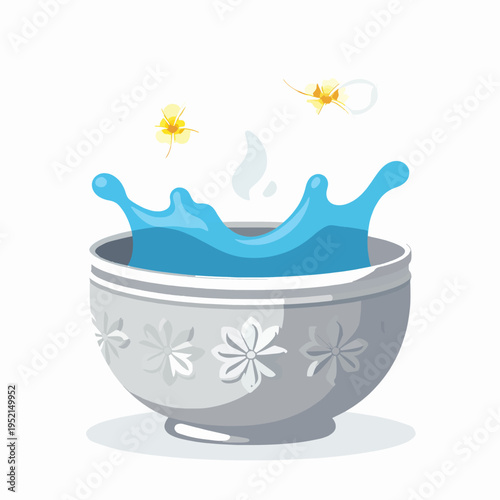 Traditional Thai Songkran Festival silver water bowl with splashing water and white frangipani flower, flat vector illustration for Southeast Asian New Year celebration, isolated on white background