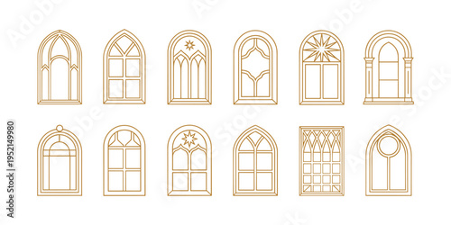 Gothic church stained glass window windows arched  in white background.