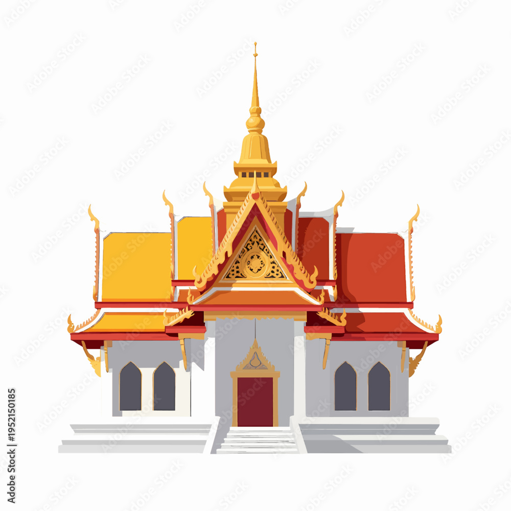 Obraz premium Traditional Southeast Asian Thai temple building with ornate gold and red tiered roofs, minimalist flat vector illustration representing culture and tourism, isolated on white background