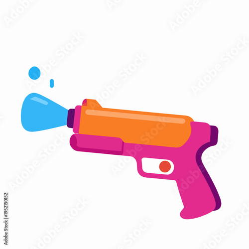 Single flat vector illustration of a playful pink and orange water gun blaster shooting a blue water splash, fun summer toy icon for kids outdoor activity, isolated on white background