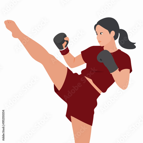 Strong Young Southeast Asian Woman Practicing Muay Thai Kickboxer Athlete in High Kick Pose, Fitness and Martial Arts Concept, Flat Vector Illustration Isolated on White Background