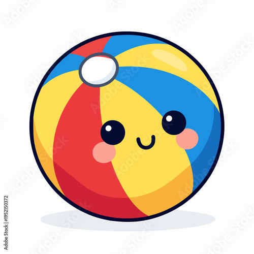 A cute anthropomorphic inflatable beach ball character with a happy smiling face and blushing cheeks, vibrant colorful stripes, summer vacation fun concept for kids
