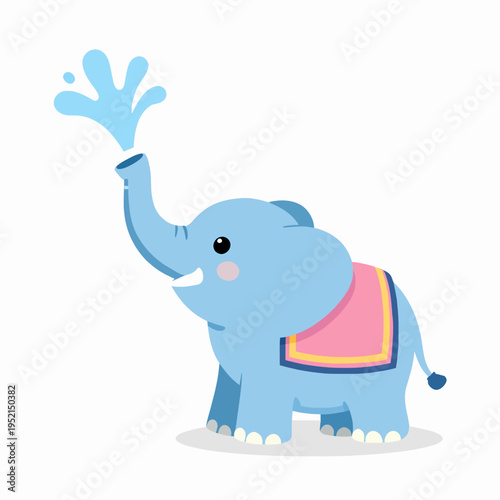 Cute Southeast Asian elephant decorative saddle cloth spraying water from trunk, flat vector illustration for Songkran Festival, traditional Thai celebration concept, isolated on white background