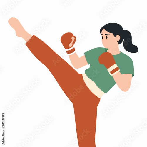 Strong Southeast Asian Woman Practicing Muay Thai Kick, Flat Vector Illustration of Female Martial Artist in Gym, Athletic Adult Woman Training in Sports Clothing, Concept of Fitness and Empowerment