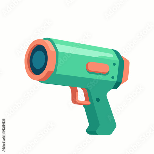 Single futuristic green and orange water blaster toy gun for summer fun, flat vector illustration of a plastic squirt gun isolated on white, childhood play and outdoor activity concept